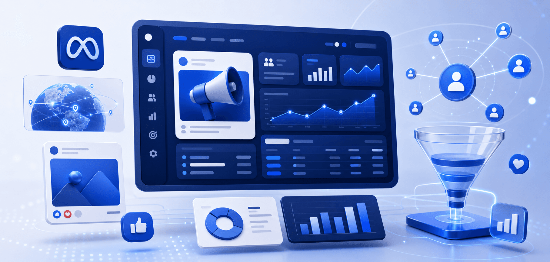 Facebook marketing dashboard visual with campaign analytics, audience nodes, and conversion funnel