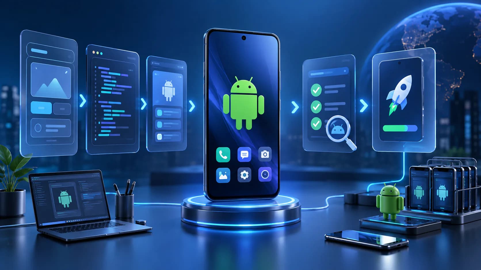 mobile app interface, product workflow, and release dashboard for android app