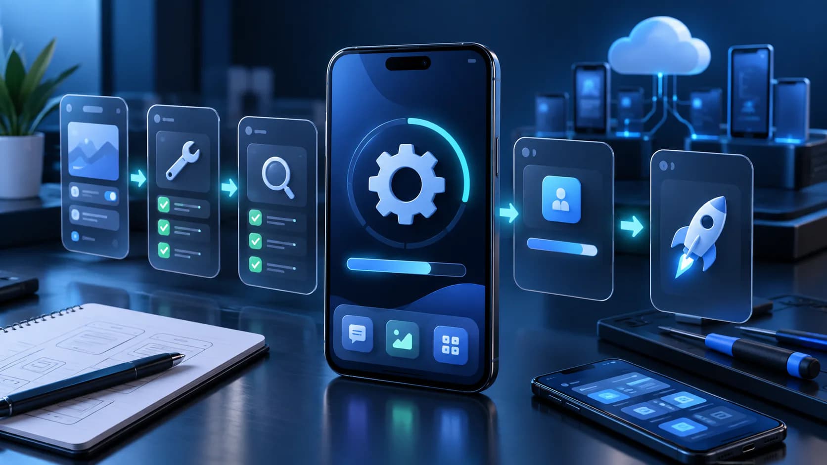 mobile app interface, product workflow, and release dashboard for app maintenance