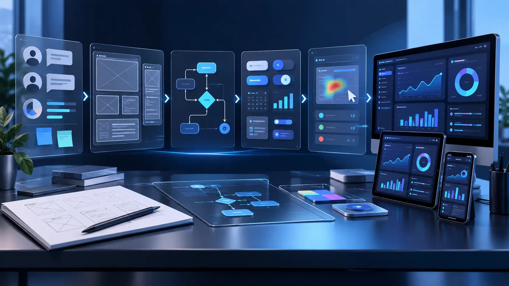 UI and UX design interface with research, wireframes, and product screens for dashboard design