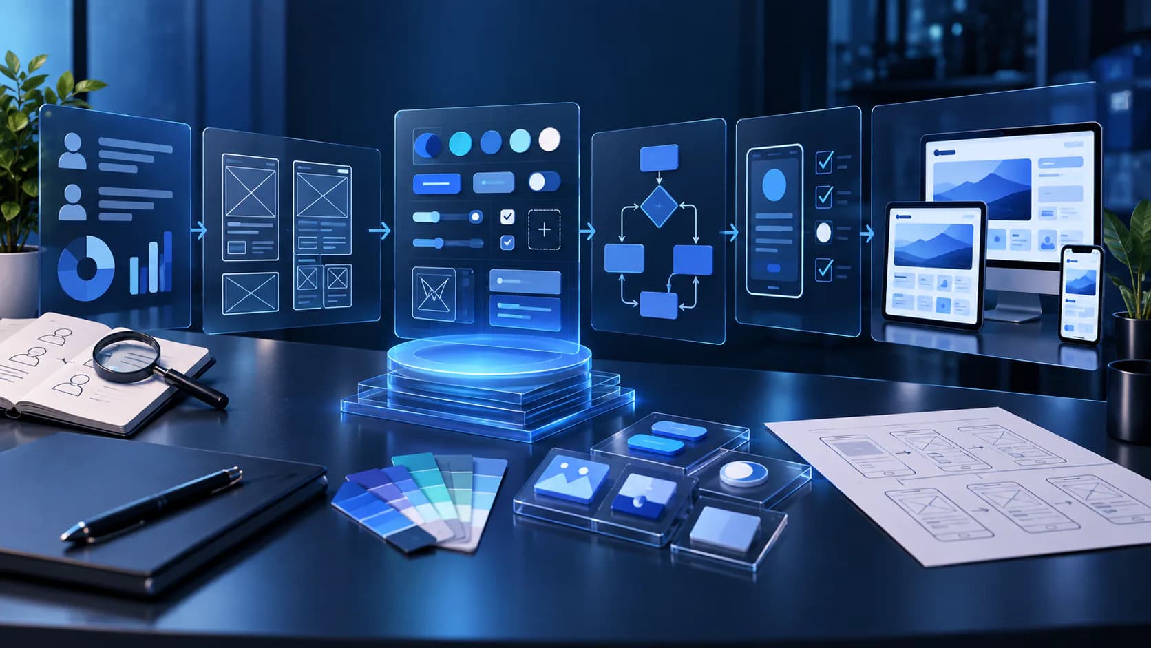 UI and UX design interface with research, wireframes, and product screens for design system