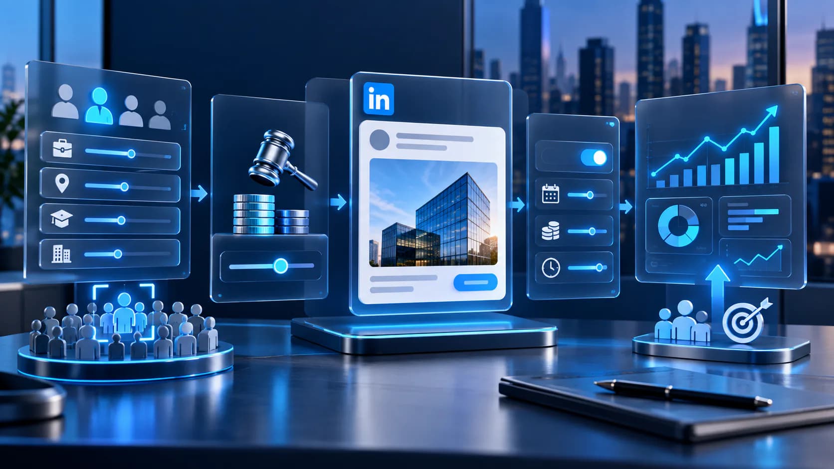 paid media advertising dashboard with targeting, conversion, and growth metrics for linkedin ads