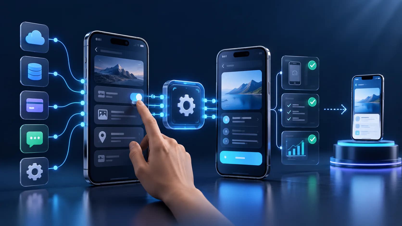 mobile app interface, product workflow, and release dashboard for api integration