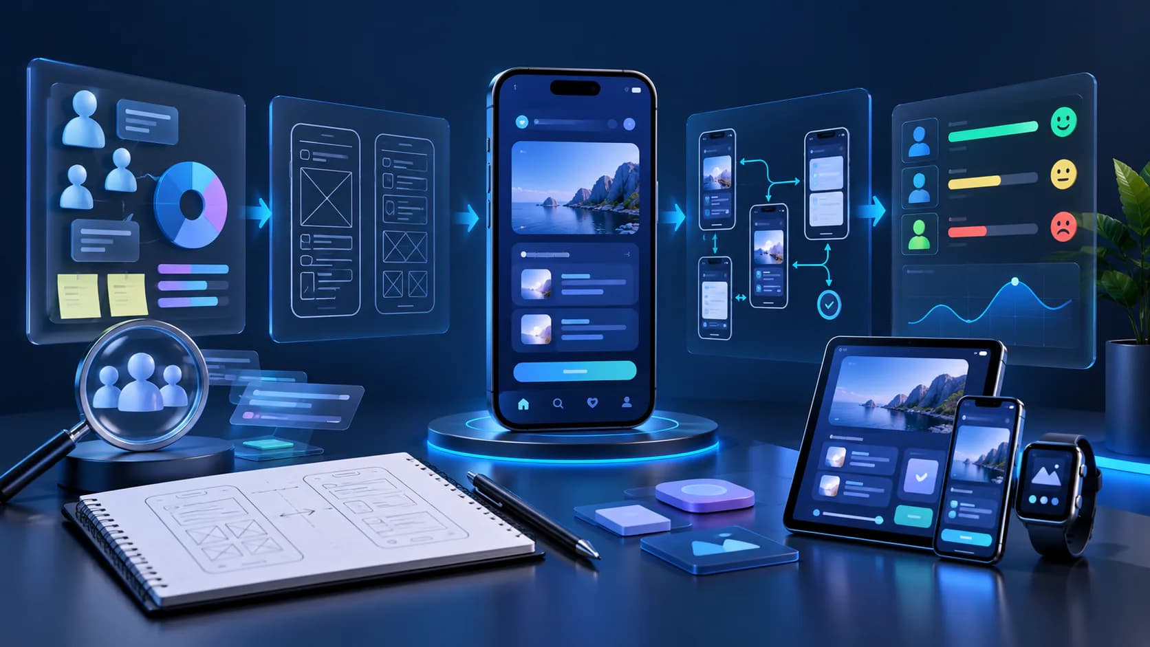 UI and UX design interface with research, wireframes, and product screens for mobile app ui