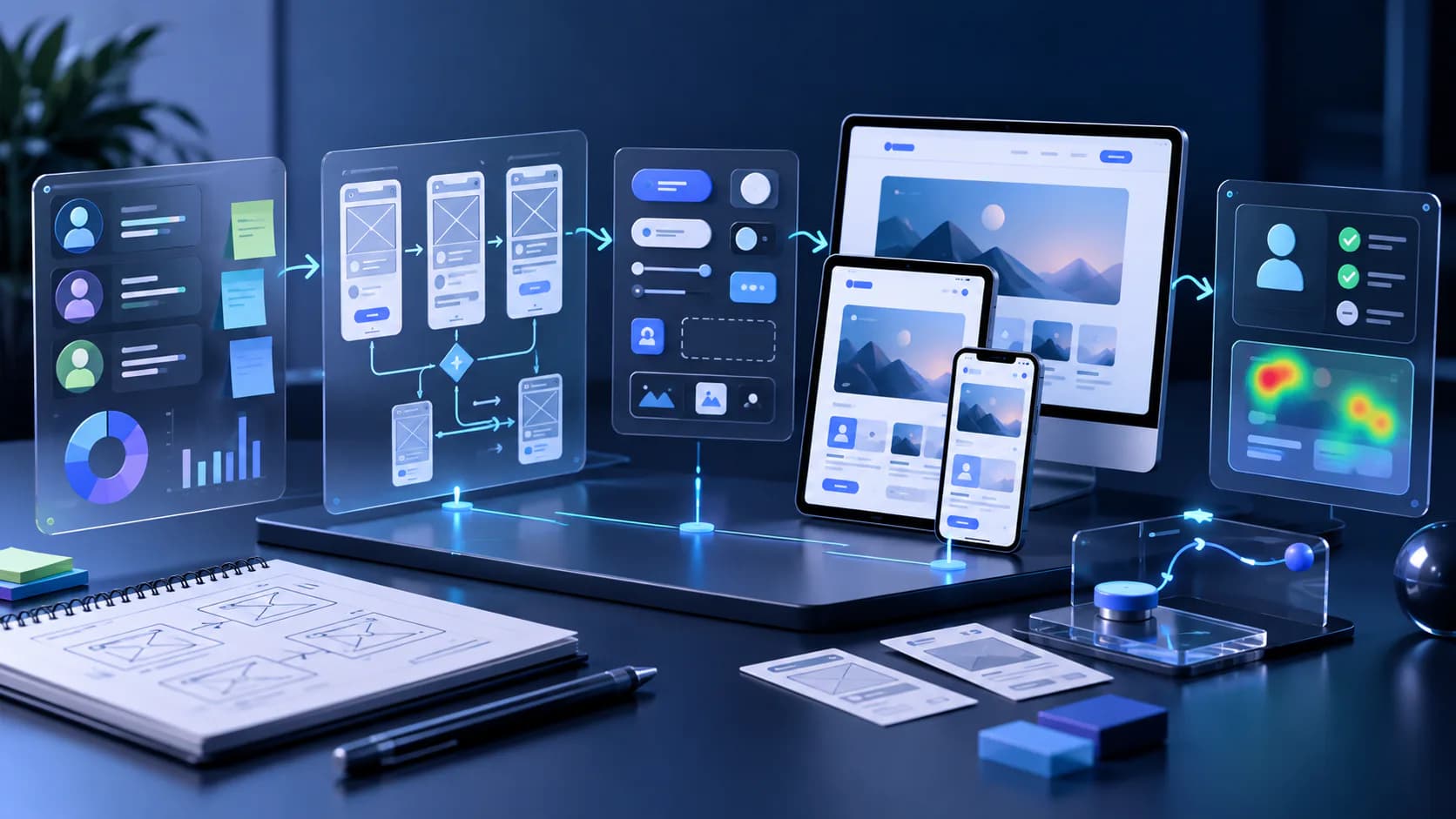 UI and UX design interface with research, wireframes, and product screens for prototyping