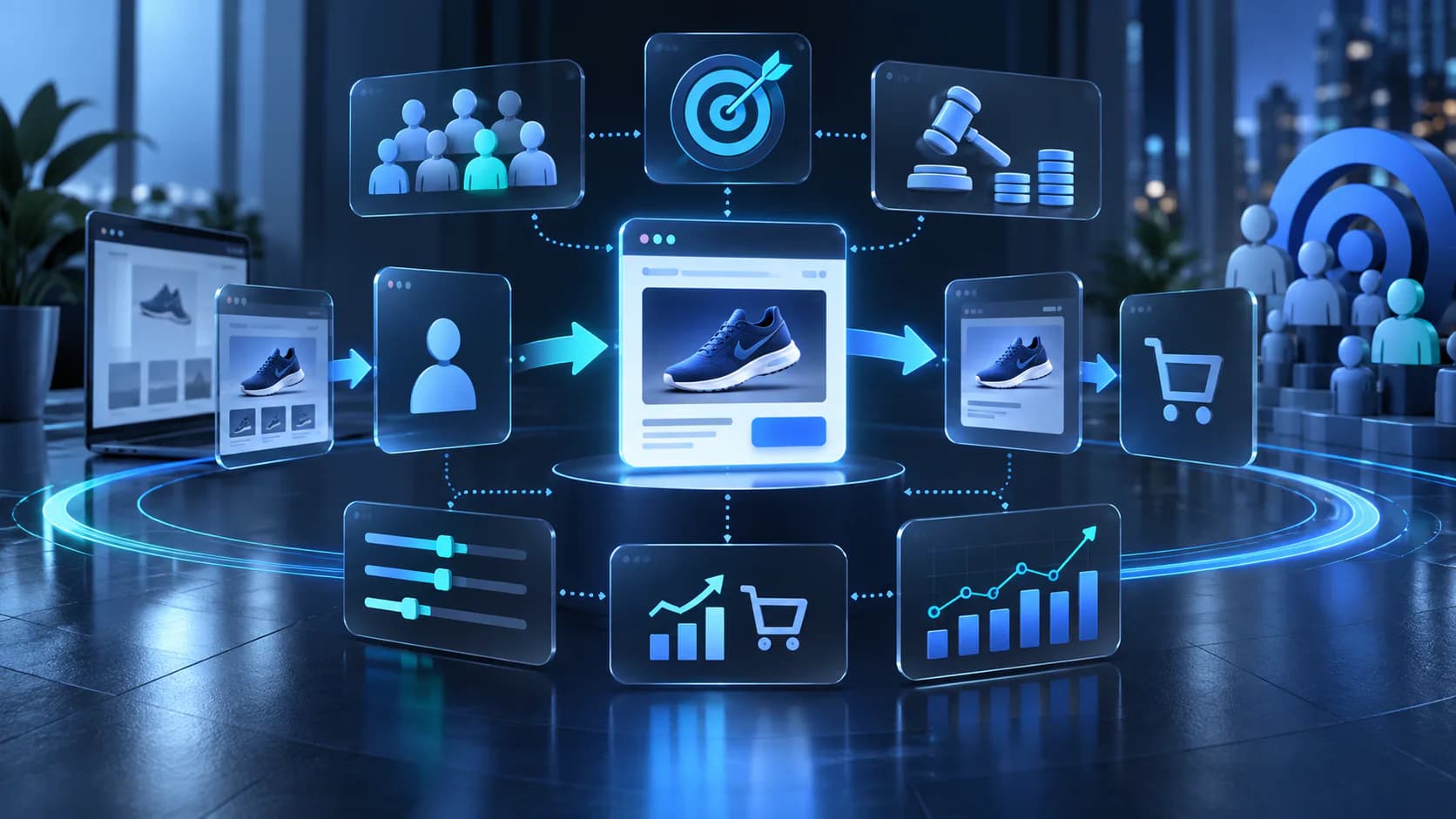 paid media advertising dashboard with targeting, conversion, and growth metrics for remarketing