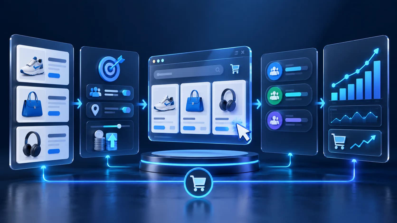 paid media advertising dashboard with targeting, conversion, and growth metrics for shopping ads