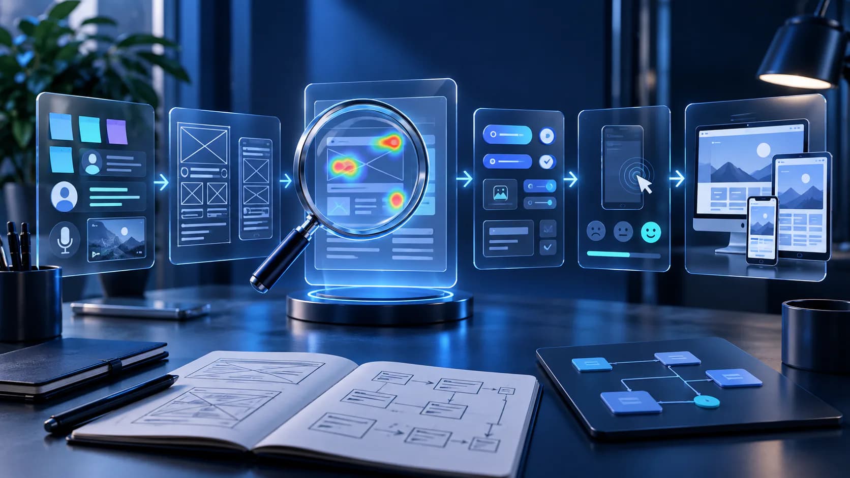 UI and UX design interface with research, wireframes, and product screens for ux audit