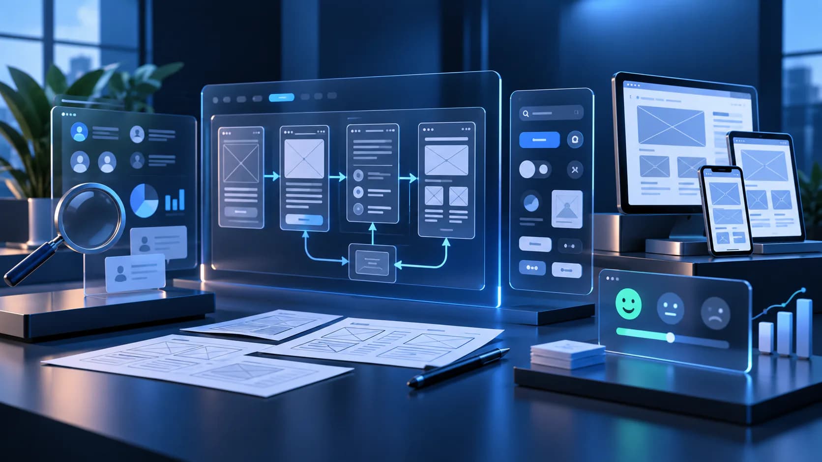 UI and UX design interface with research, wireframes, and product screens for wireframing