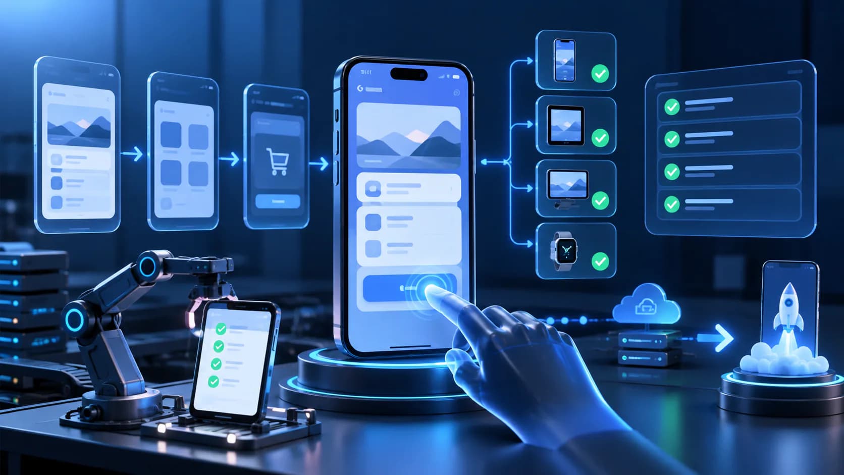 mobile app interface, product workflow, and release dashboard for app testing