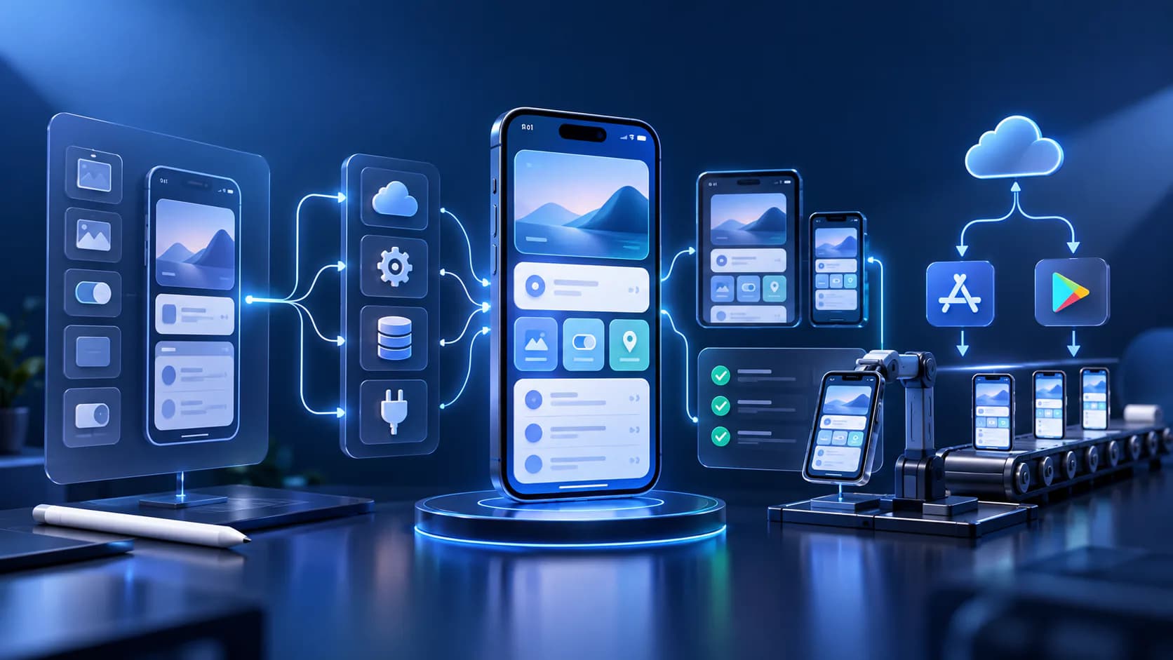 mobile app interface, product workflow, and release dashboard for hybrid app