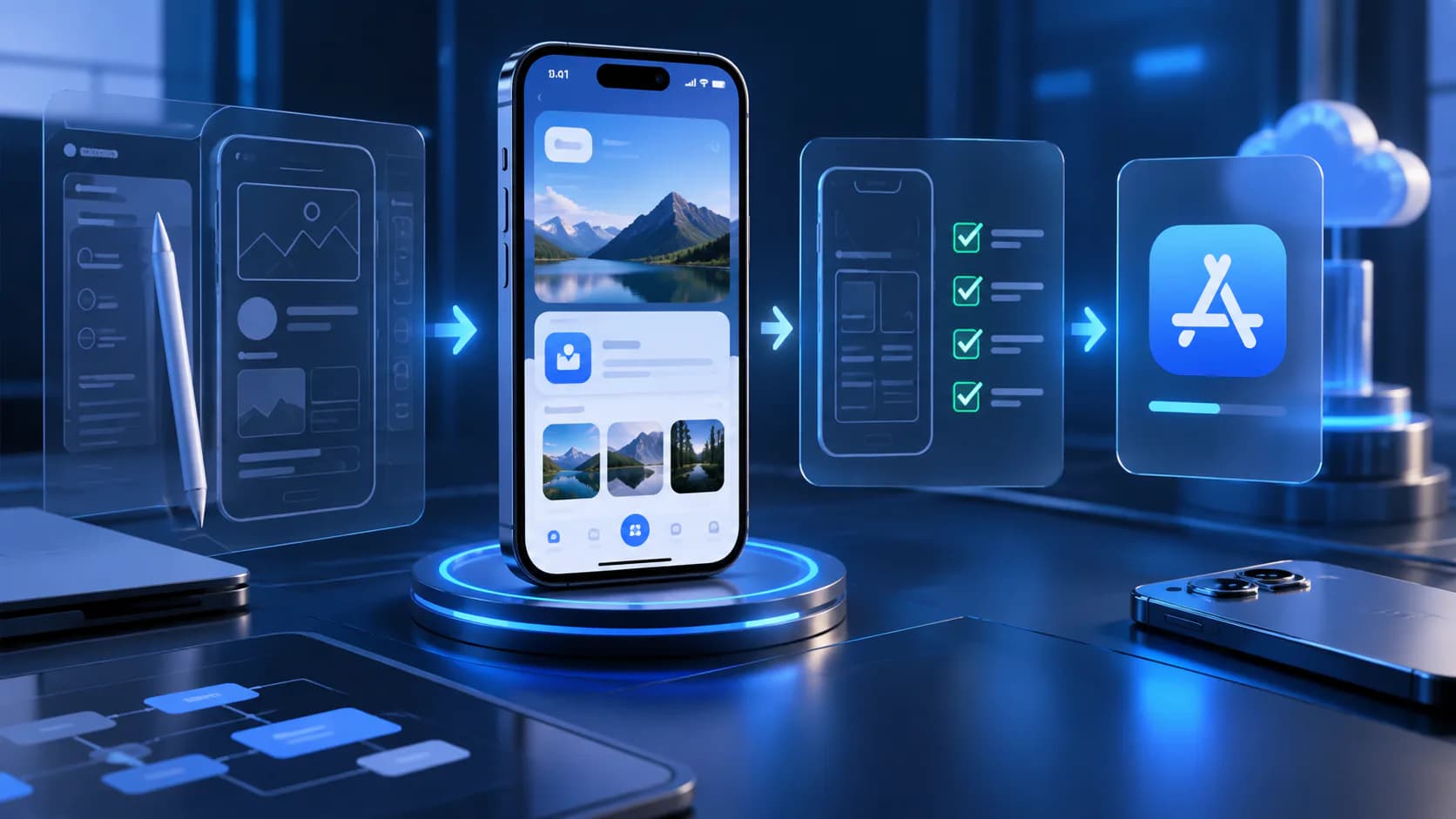 mobile app interface, product workflow, and release dashboard for ios app