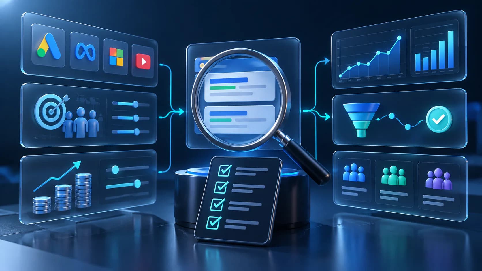 paid media advertising dashboard with targeting, conversion, and growth metrics for ppc audit