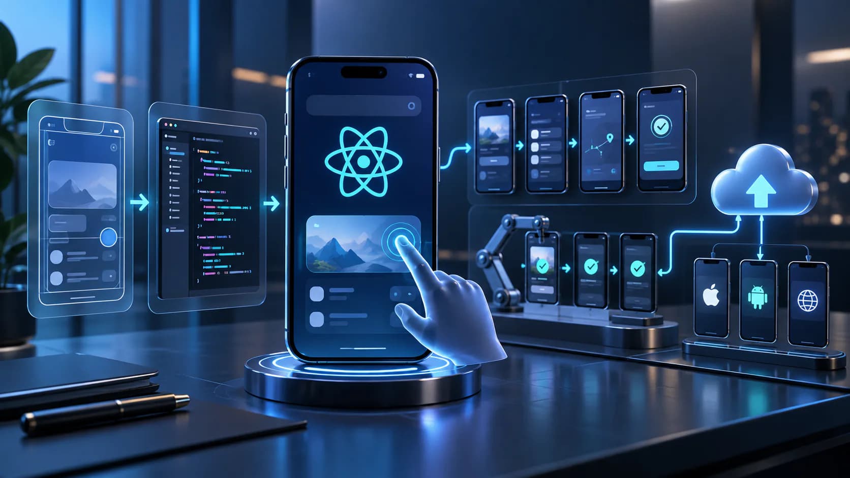 mobile app interface, product workflow, and release dashboard for react native app