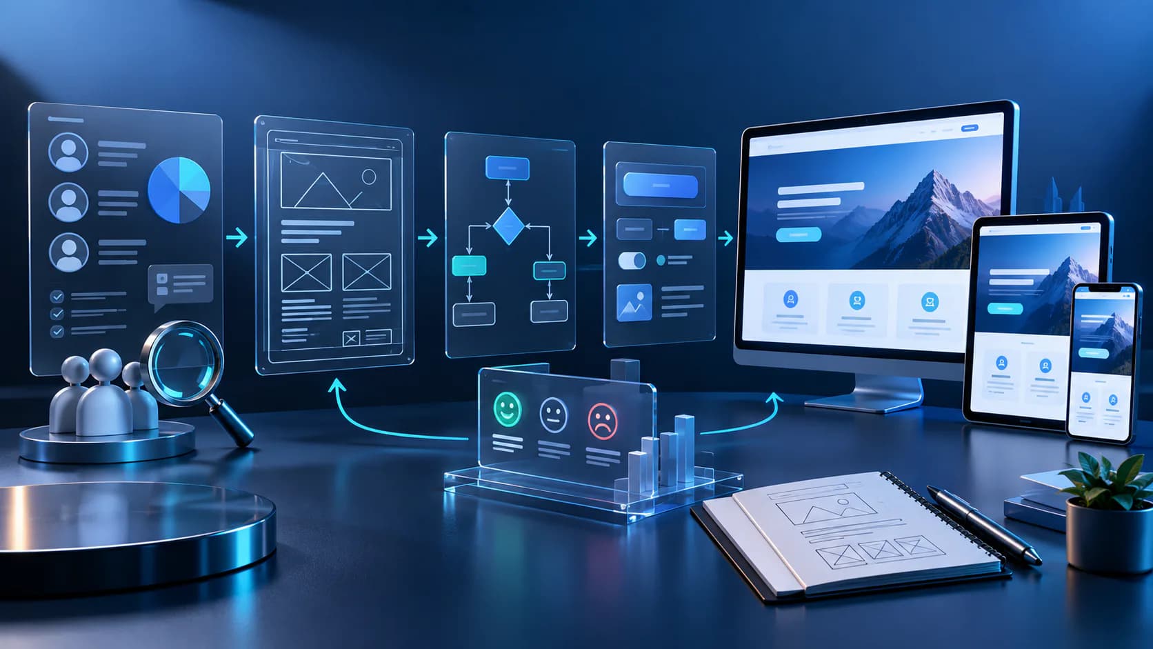 UI and UX design interface with research, wireframes, and product screens for landing page design