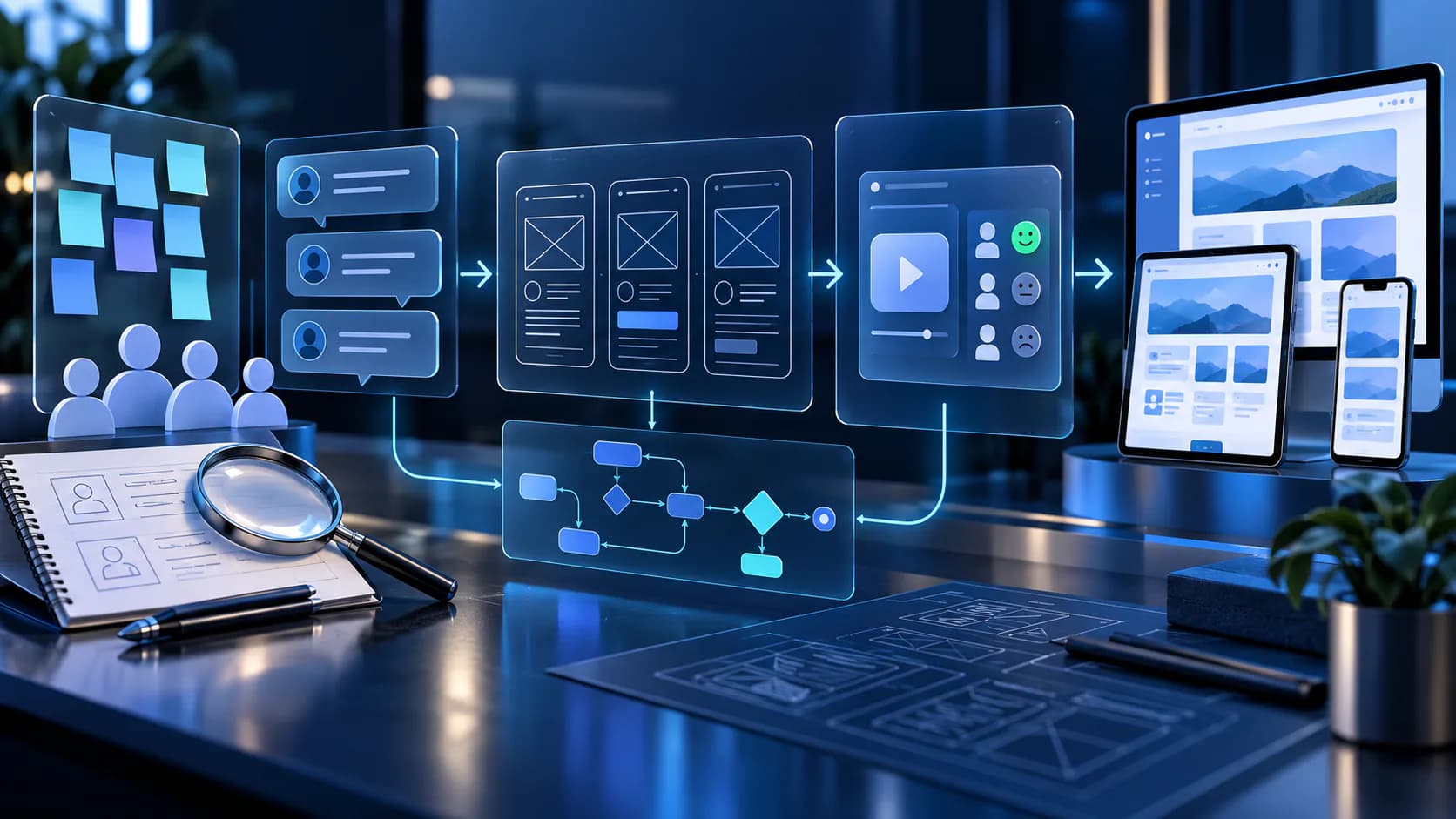 UI and UX design interface with research, wireframes, and product screens for user research