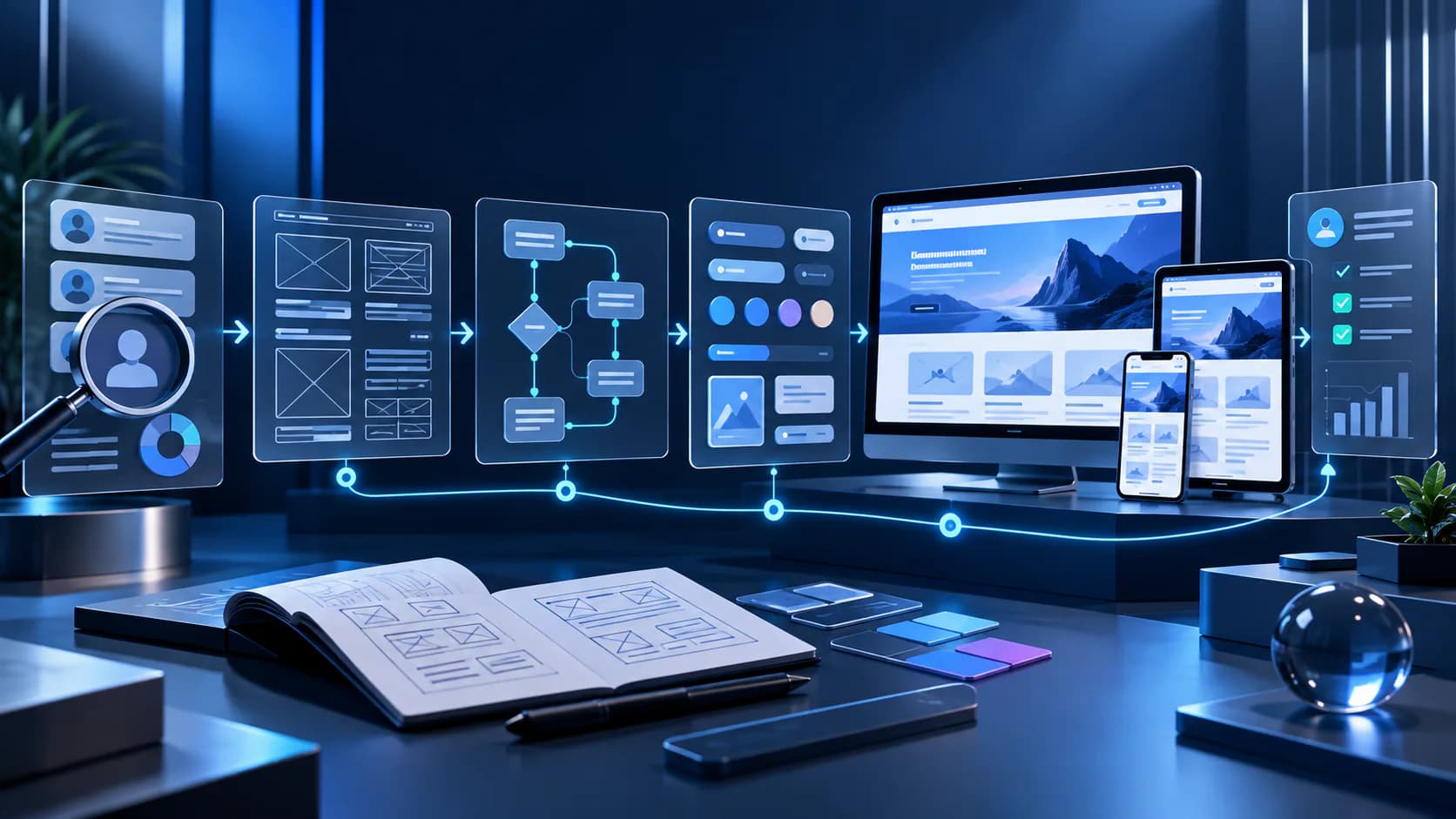 UI and UX design interface with research, wireframes, and product screens for website ui design