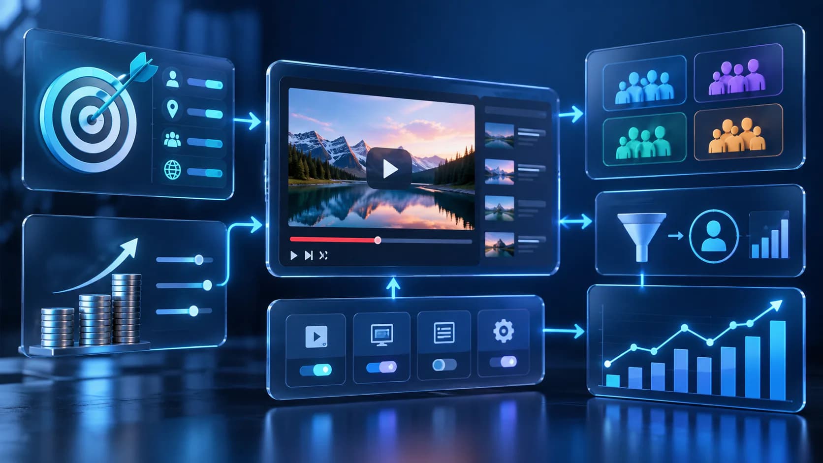 paid media advertising dashboard with targeting, conversion, and growth metrics for youtube ads