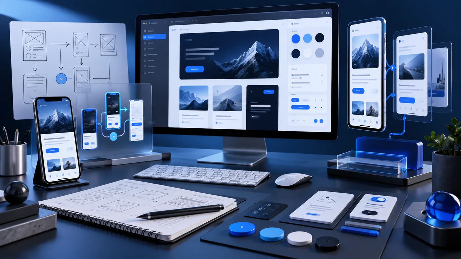 Digital design studio workspace with interface concepts